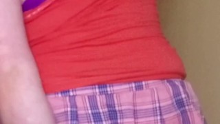 Mini skirt Sissy rides giant BBC dildo