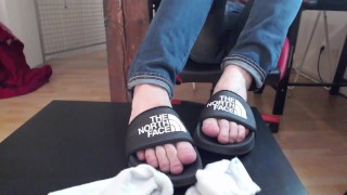 White socks, sandals and jeans