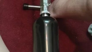 Fuck machine set to hyperdrive slurps my cock!