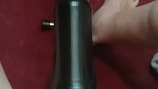 Fuck machine set to hyperdrive slurps my cock!