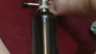 Fuck machine set to hyperdrive slurps my cock!