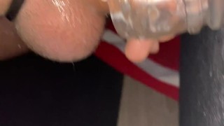 twink boy shoots throbbing load into transparent fleshlight