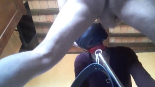 tied, blinfolded and ball gagged then has to suck a big cock, rough deepthroat