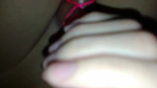Cute Femboy edges his cock in a ribbon and then cums in his own mouth