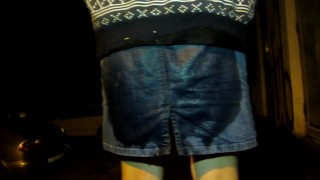 Peein trough my panties and jeans .on the street