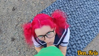 cute schoolgirl with pink hair in glasses and stockings gives a blowjob and gets anal sex