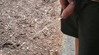 Boy peeing outside cabin