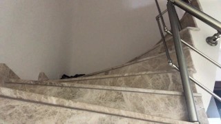 Sexy hot hairy bear male I cum big sperm on my feet on the stairs