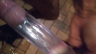 Blasting cum clouds in a tube of water with moaning cumshot
