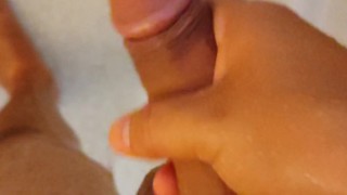 Latin Guy stroking his cock in the shower getting hard POV