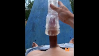 Wanking And Cumming With Fleshligt Outdoors