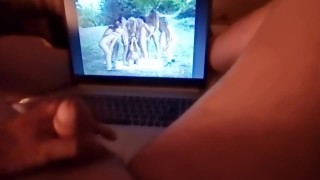 Jerking off with cumshot while watching porn