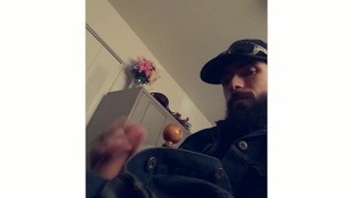 Bearded biker jacks off moans and cums