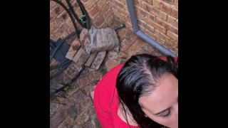 Outdoor alley face piss and blowjob