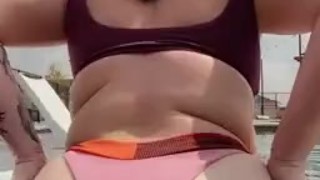 Sexy pawg in bikini twerking in public pool