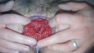 Gay guy plays with his cummy prolapse
