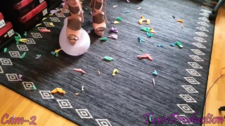 Popping baloons in stripper heels