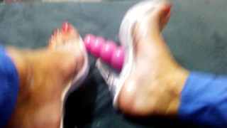 Long red toenails and big dildo and high heels