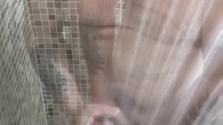 Jerking off big foreskin cock in shower