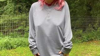 Curvy pink hair girl with pierced nips does big sweater striptease