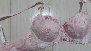 Ejaculate towards the pink bra, but much of the semen flew farther lol