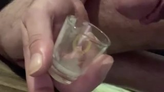Soft cock cums in shot glass, then cum dump for more strokes