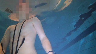 Naked swim and cum with metal cockring and plug
