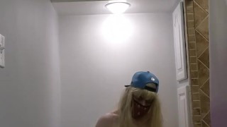 Masturbating on toilet with wig