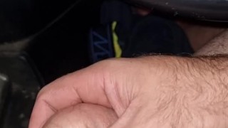 Daddy plays with his big balls in the car in public