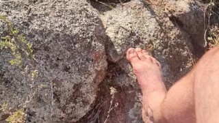 Daddy pisses on his feet while outdoors