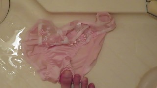 Pissing on pink panties!!