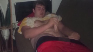 Fat guy jerks dick at night and cums on self