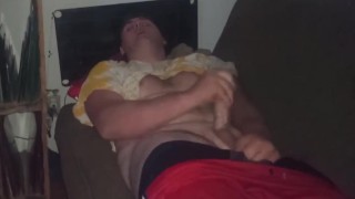 Fat guy jerks dick at night and cums on self