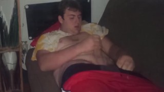 Fat guy jerks dick at night and cums on self