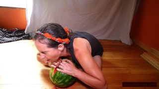 Solo Pussy-loving MILF Licks, Fists, Squirts on Watermelon; Eats Squirt; Messy!