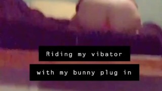 Fat girl riding vibrator with bunny ass plug