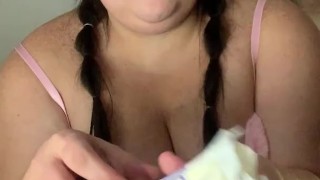 Fat bbw eats and makes mess with stick of butter