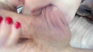 Hot naughty girl sucks a sloppy big cock then gets a huge facial cumshot - close up