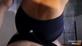 Grinding on leggings till he cums in his pants