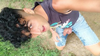 Piss on self and onto ground with uncut cock on outdoor path