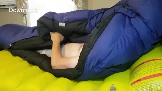 Down Jacket Fetish Lover Fucks Huge Down SleepingBag on air mattress. Cumshot On Nylon