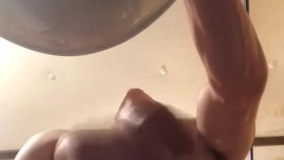 Stroking my big cock in the bathroom