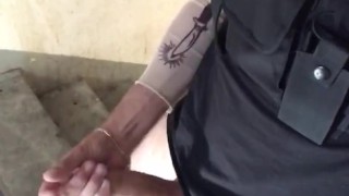 YOUNG GUARD JERKING HUGE DICK, CUM SHOWER