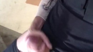 YOUNG GUARD JERKING HUGE DICK, CUM SHOWER