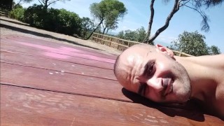 Jerking off in city viewpoint