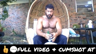 Hot Hairy Muscle Daddy Dildoing Asshole and Jerking Off Outdoors Backyard