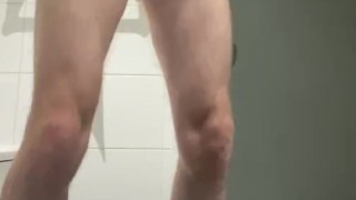 Hotel fun- masturbating in the bathroom while room mate gets ready - big cock jerked to cumshot 