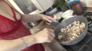 Next Nude cooking In kitchen naked mommy Milf in transparent peignoir without panties prepares salad