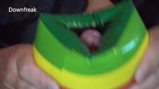 **NO MUSIC** Down Jacket Fetish Guy Fucks Water Wing on Bed of Inflatable Mattress.