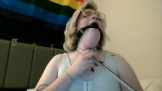 Girl with glasses choking and ball gag